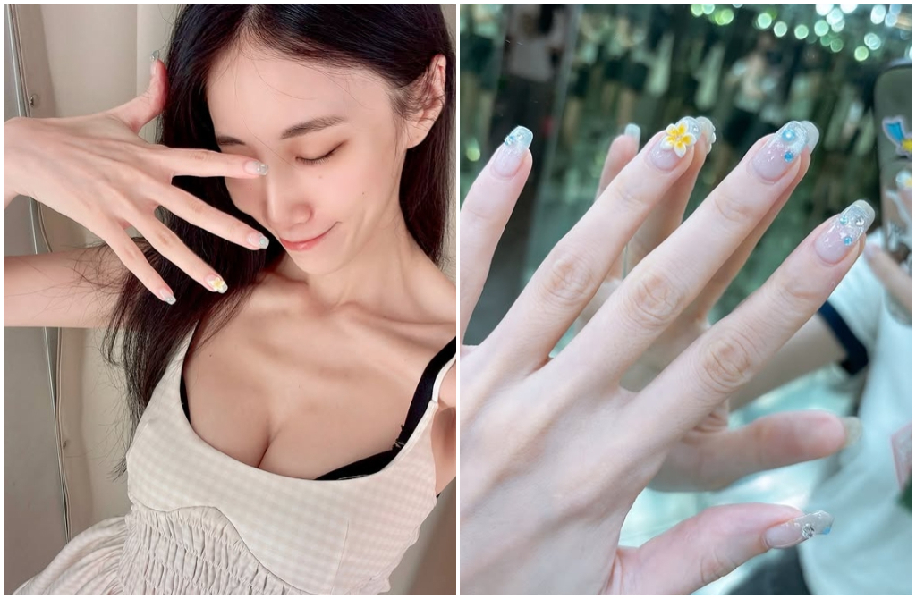 瑤瑤低胸細肩帶辣曬「夏日桃花美甲」 ...