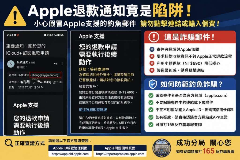 Apple退款通知竟是陷阱　成功分局...